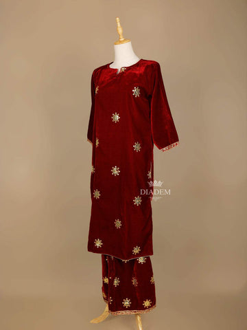 Dark Red Velvet Straight Cut Salwar Suit Adorned with Floral Embroidery, With 3/4 Sleeves and Notch Neck - Diadem