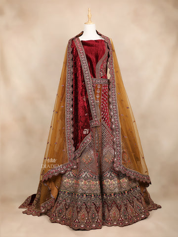 Dark Red Velvet Lehenga Floral