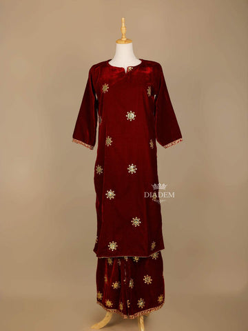 Dark Red Velvet Straight Cut Salwar Suit Adorned with Floral Embroidery, With 3/4 Sleeves and Notch Neck - Diadem