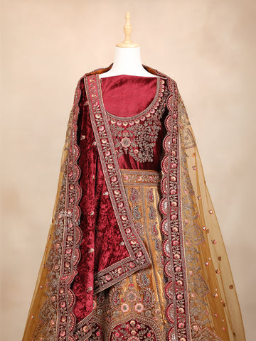 Dark Red Yellow Velvet Lehenga