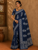 Deep Navy Blue Floral Printed Design Cotton Casual Wear Saree