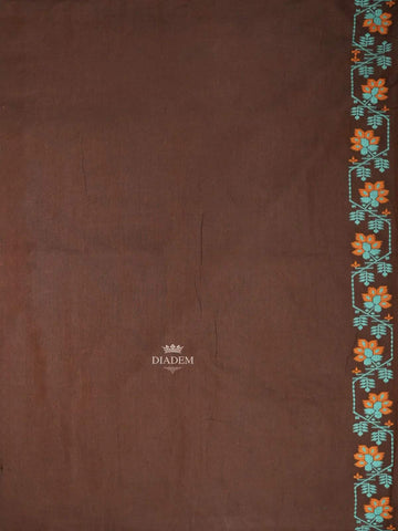 Brown Linen Cotton Saree with Floral and Geometric Designs on the Body with Designed Border - Diadem