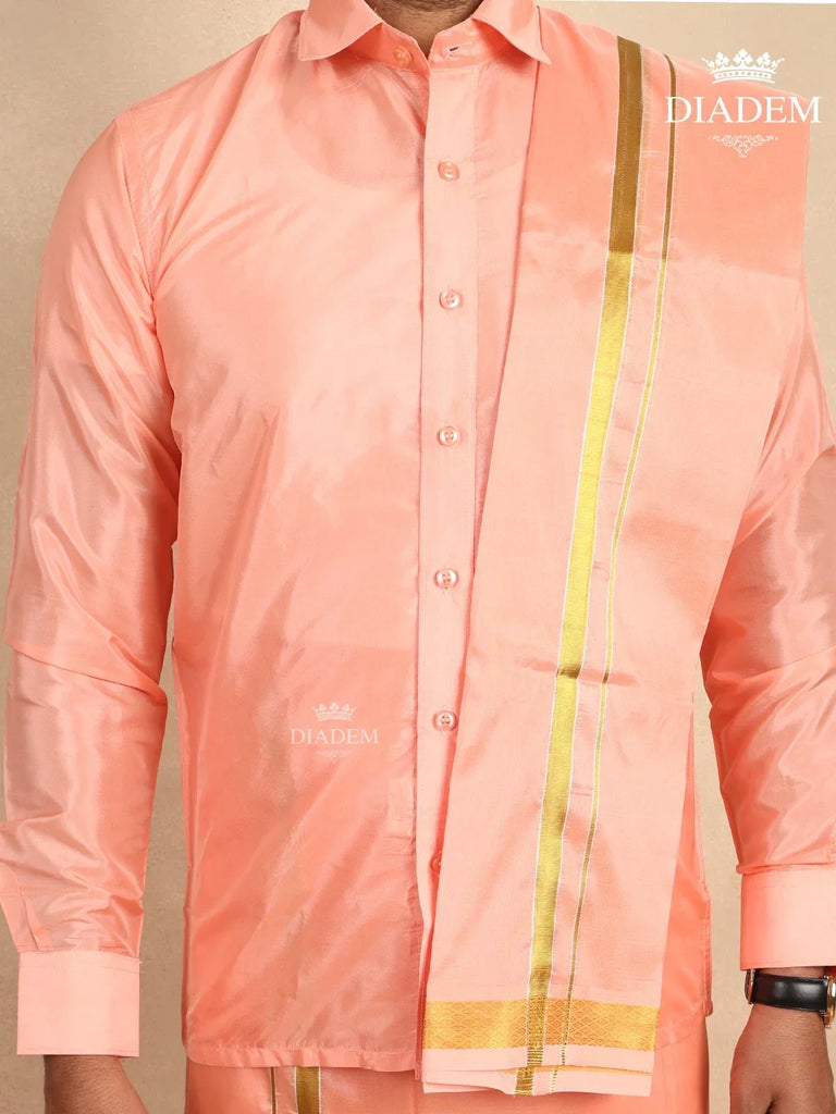 Peach Silk Dhoti with Shirt and Towel