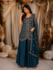 Deep Teal Blue Floral Thread Embroidered Design Satin Palazzo Suit with Dupatta