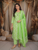 Parrot Green Floral Printed Design Cotton Straight Cut Salwar Suit with Dupatta