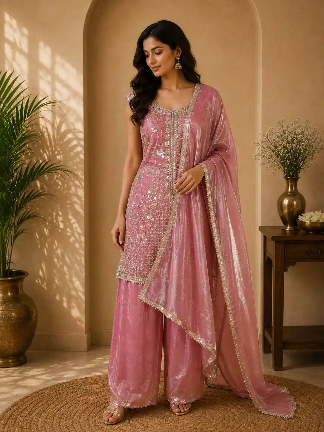 Onion Pink Floral Sequins And Beads Embroidered Design Organza Palazzo Suit with Dupatta