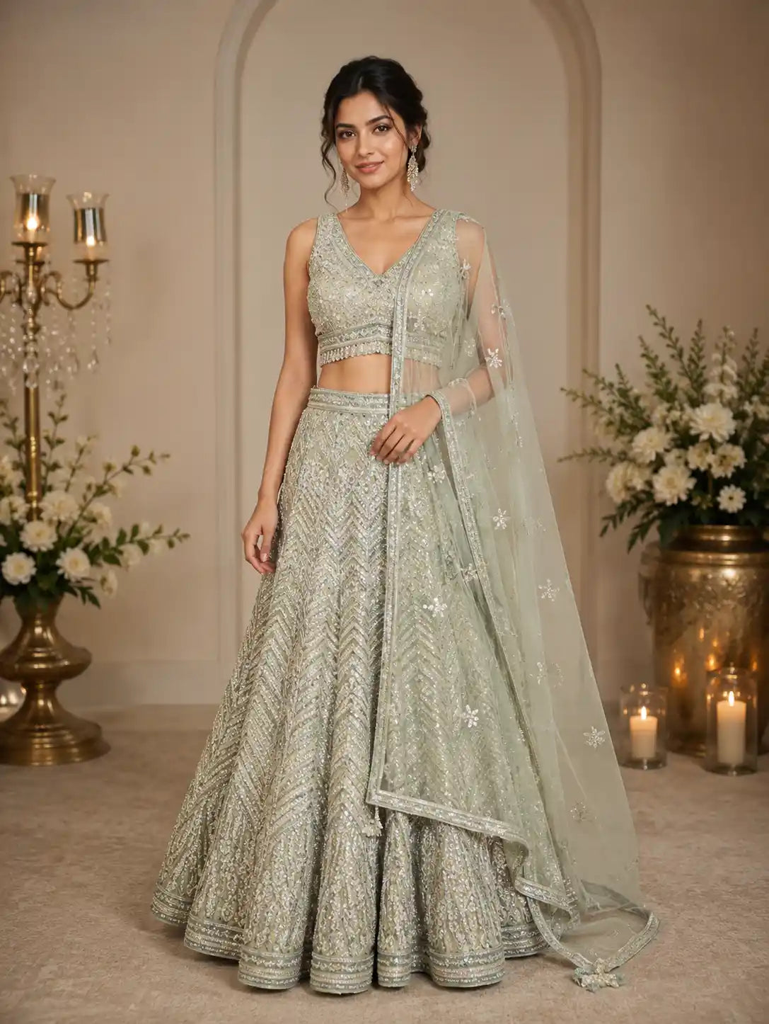 Ivory Floral Sequins Embroidered Mermaid Net Lehenga With Dupatta