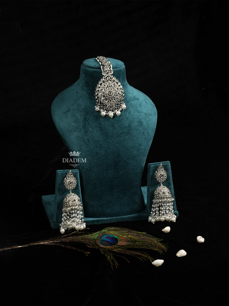 Elegant Silver Grey Maang Tikka and Earrings