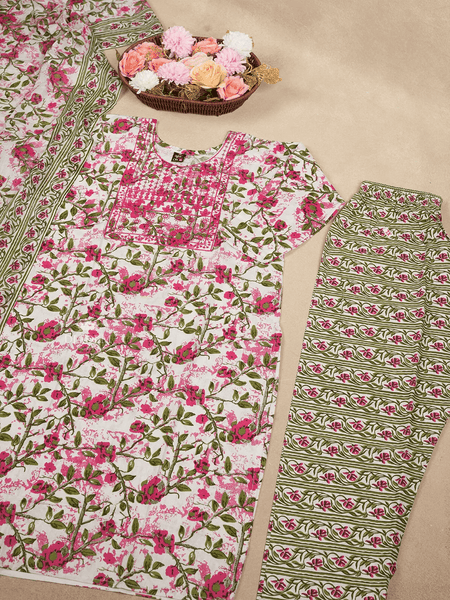 Pink Cotton Salwar Suits Embellished with Embroidery and Printed Floral Designs with Dupatta - Diadem