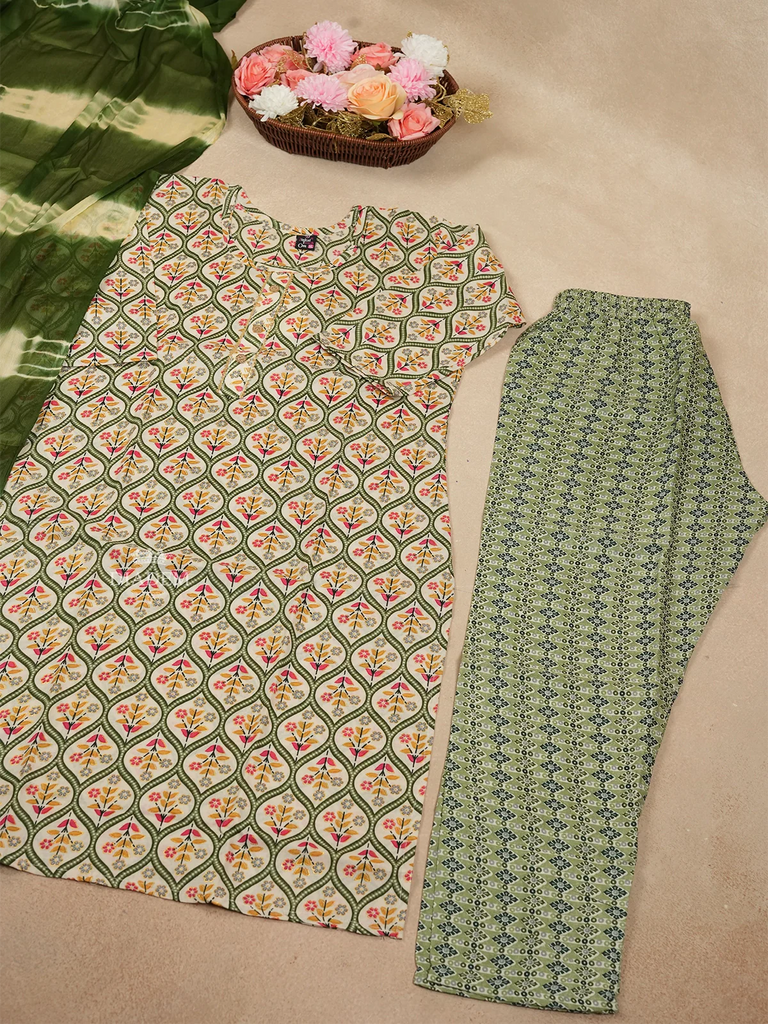 Printed Flower Green Salwar Suit