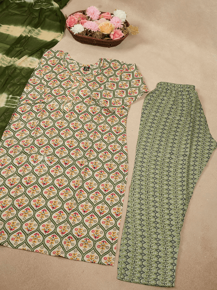 Green Cotton Salwar Suits Embellished with Printed Flower and Geometric Design with Dupatta - Diadem