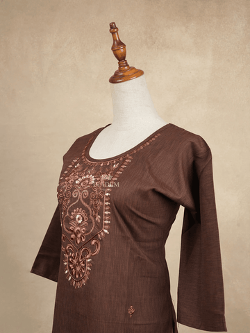 Brown Cotton Kurtis Embellished with Sequins and Embroidery Floral Designs without Dupatta - Diadem