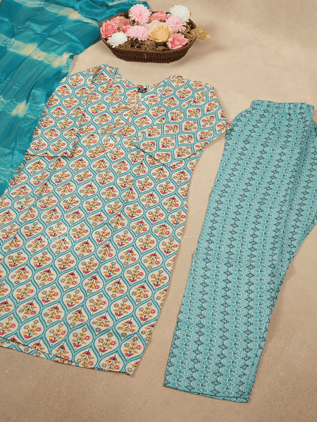 Blue Cotton Salwar Suits Embellished with Prints and Geometric Design with Dupatta - Diadem