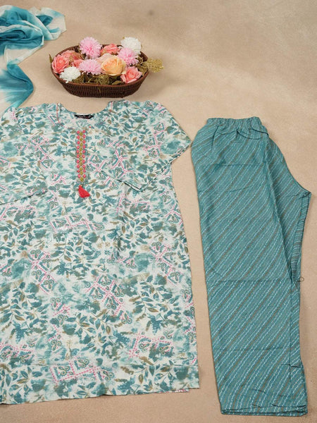 Mint Green Cotton Salwar Suits Embellished with Threads and Printed Leaf Design with Dupatta - Diadem