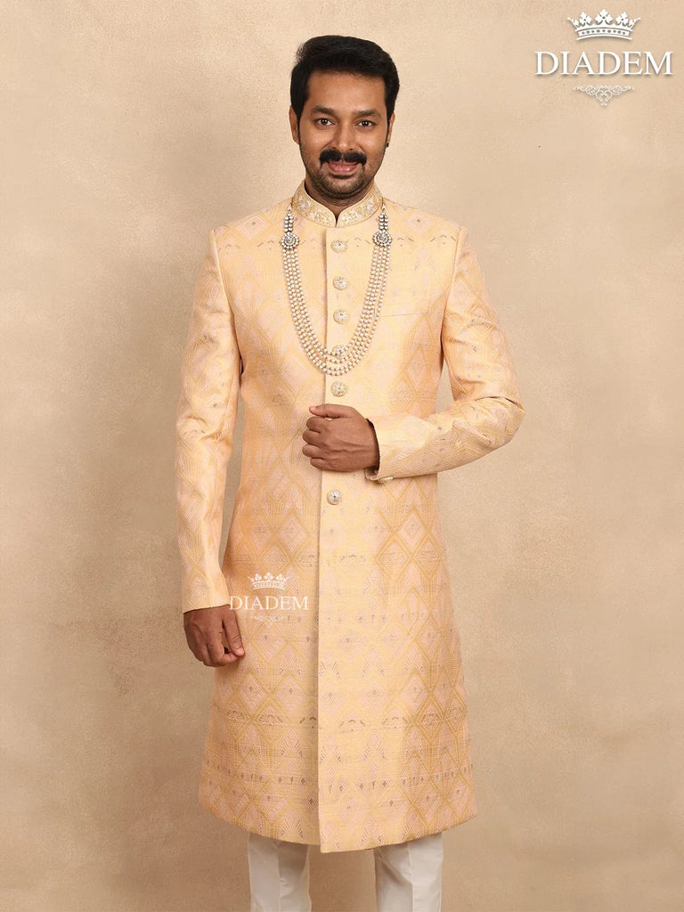 Jacquard Sherwani in Sandal Color with Bead