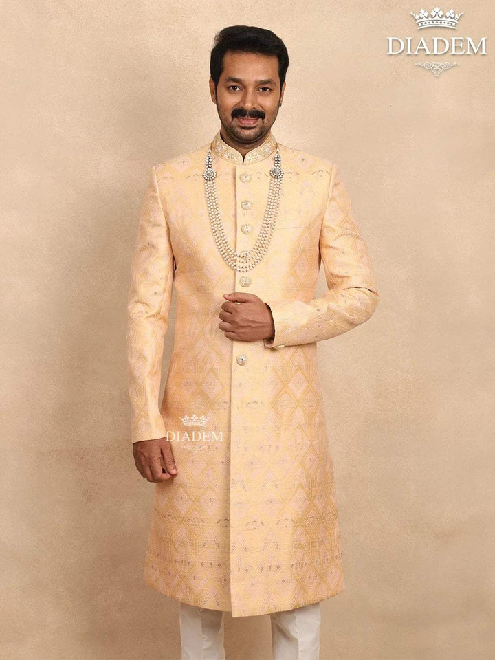 Sandal Jacquard Sherwani Suit Adorned with Embossed Details, Paired with Bead Mala - Diadem