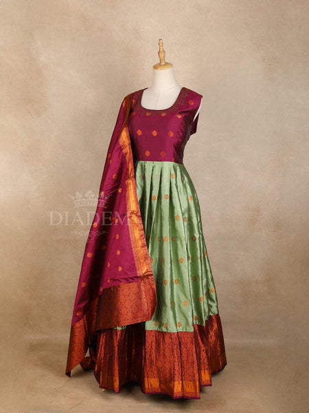 Dark Pink with Green Floral Designs and Embroidery Gown - Diadem