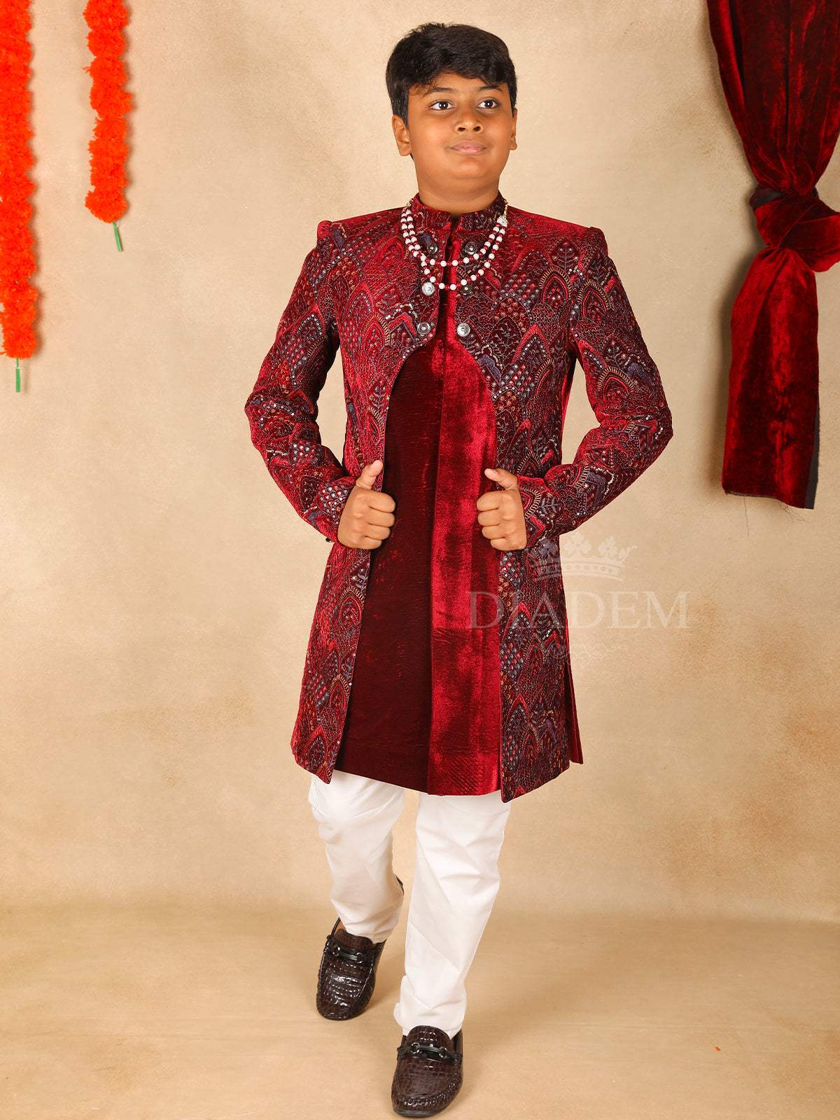 Dark Red Embroidered Sherwani and Pant Set