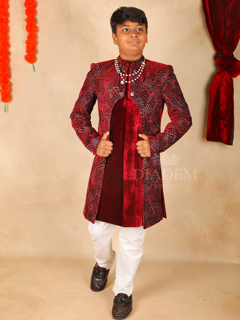 Embroidered Sherwani Pant Set Dark Red