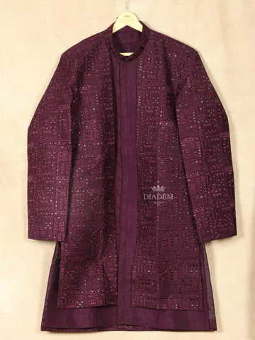 Wine Raw Silk Embroidered Indo-Western Sherwani Suit - Diadem