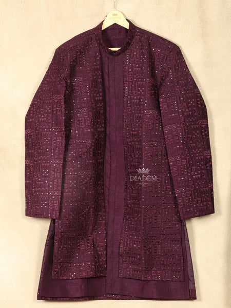 Stylish Wine Raw Silk Indo-Western Sherwani