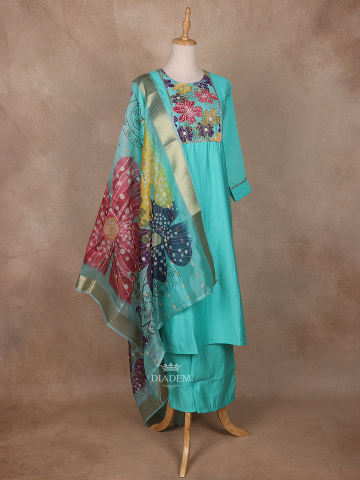 Embroidery Aqua Blue Semi Silk Salwar