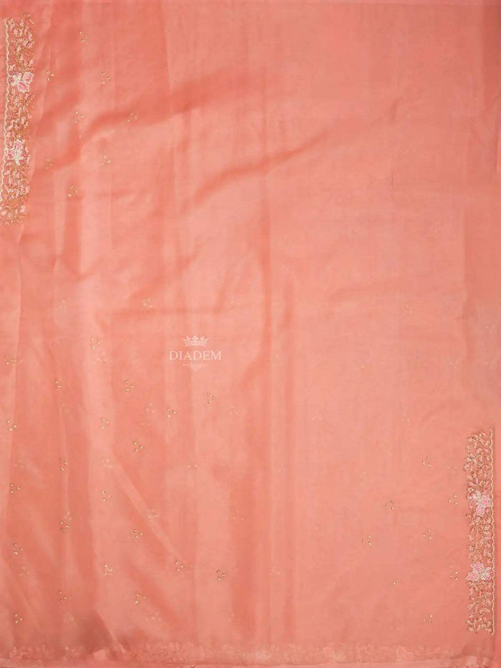 Coral Organza Saree with Embroidery Design on the Body and with Scalloped Border - Diadem