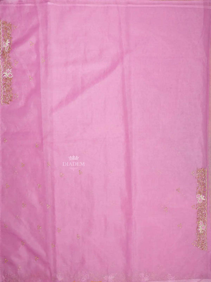 Onion Pink Organza Saree with Embroidery Design on the Body and with Designed Border - Diadem