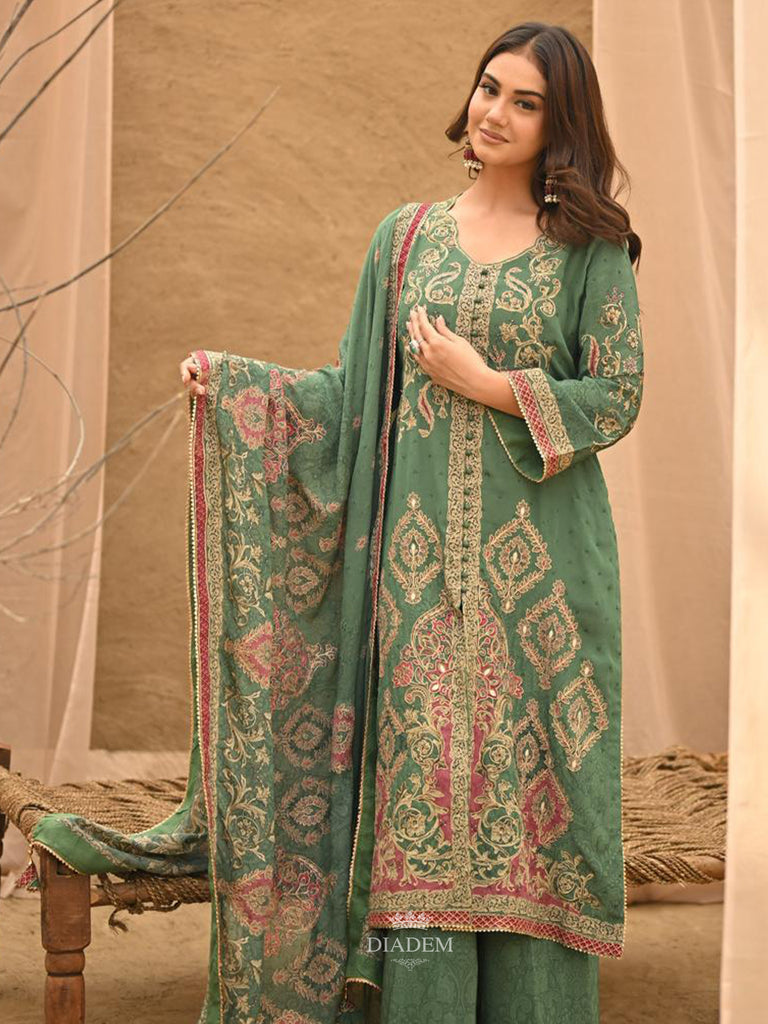 Emerald Green Floral Embroidered Crepe Palazzo