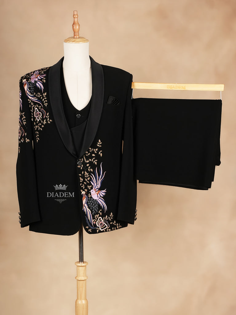 Black Floral Bird Embroidered Suit Set