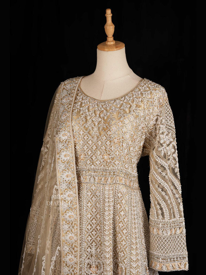 Beige Net Engagement Gown with Floral Embroidery Design and Net Dupatta - Diadem