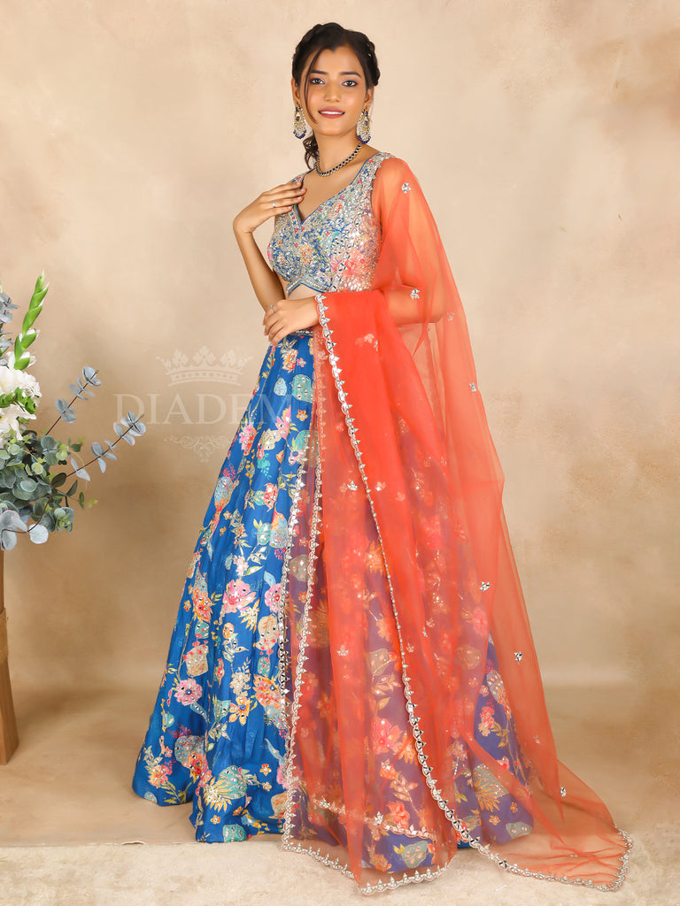 Blue Floral Pattern Silk Lehenga