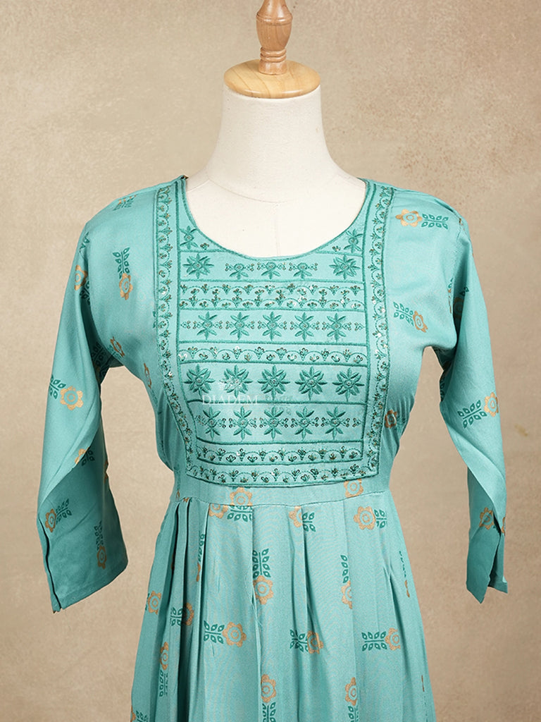 Floral Design Cyan Blue Cotton Kurtis 