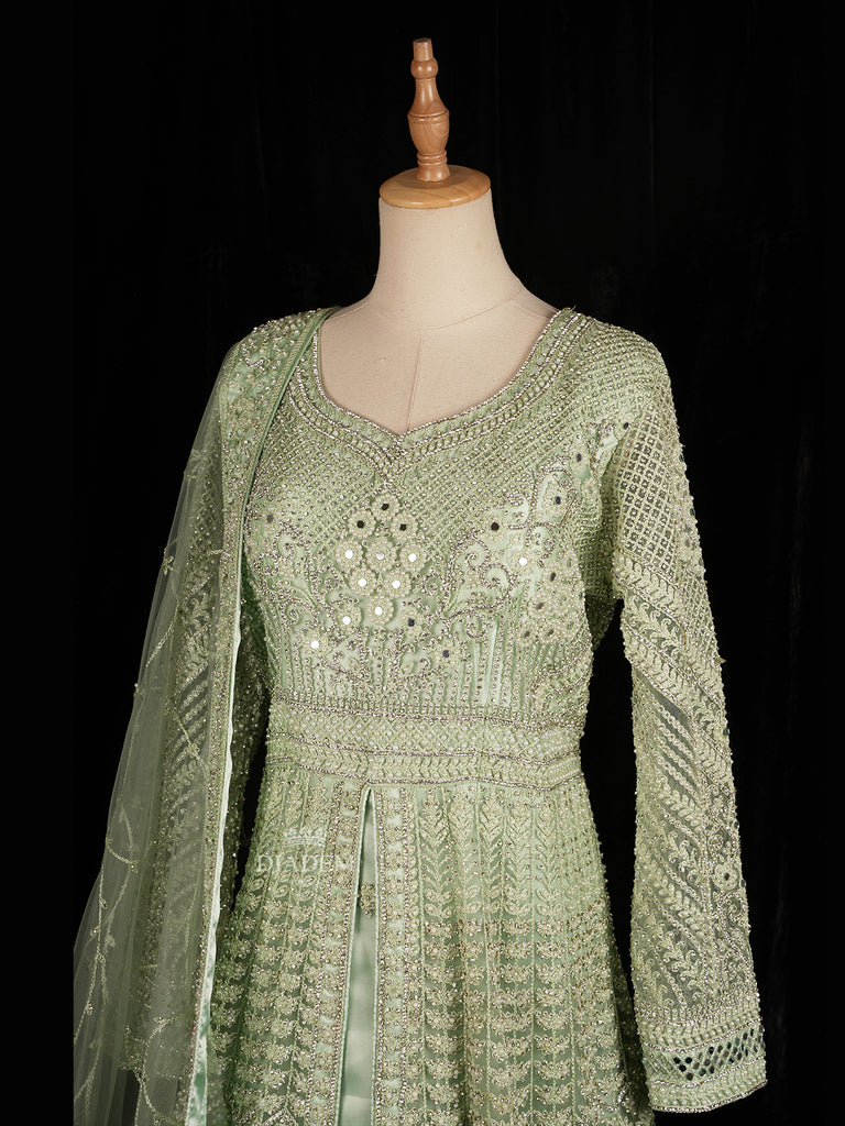 Pista Green Gown with Floral Patterns 