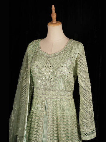 Pista Green Floral Embroidery Designed Gown and Net Dupatta - Diadem