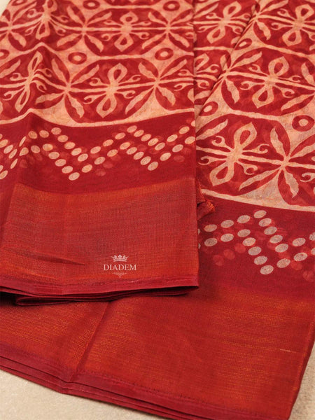 Red Linen Cotton Saree With Floral Designs On the Body with Matching Border - Diadem