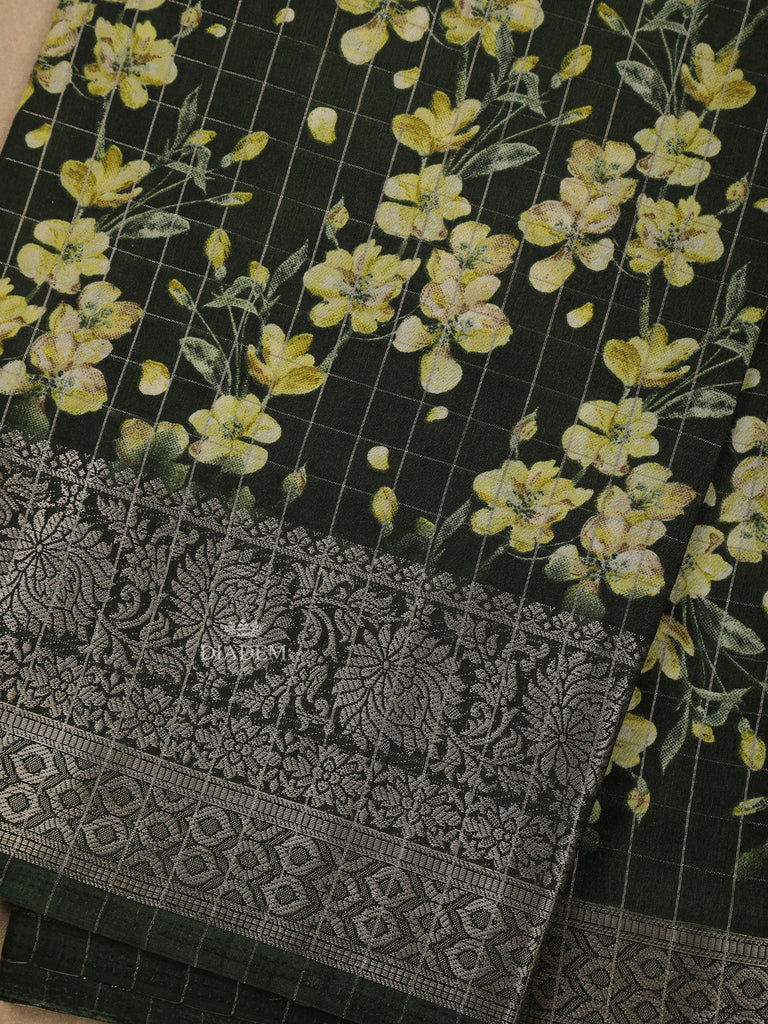 Floral Designed Black Chanderi Silk