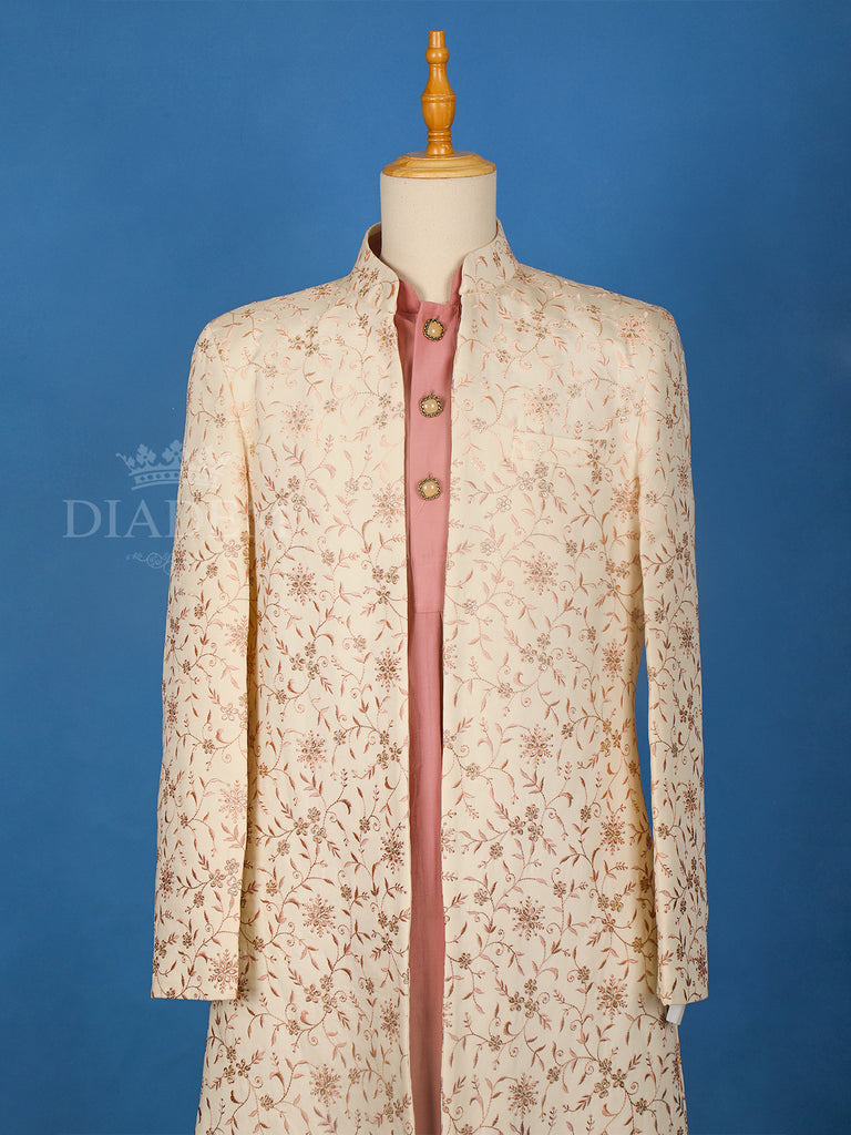 Floral Designed Cream Raw Silk