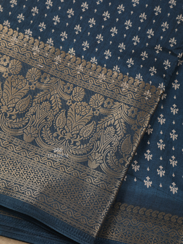 Floral Designed Dark Blue Chanderi Silk