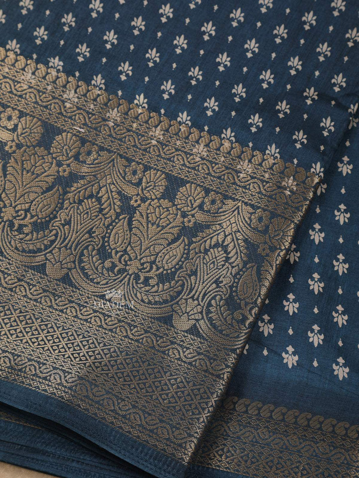 Dark Blue Floral Designed Chanderi Silk Saree - Diadem