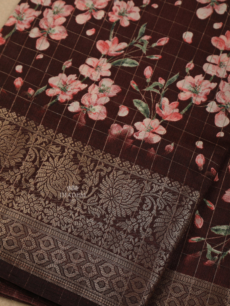 Floral Designed Dark Red Chanderi Silk