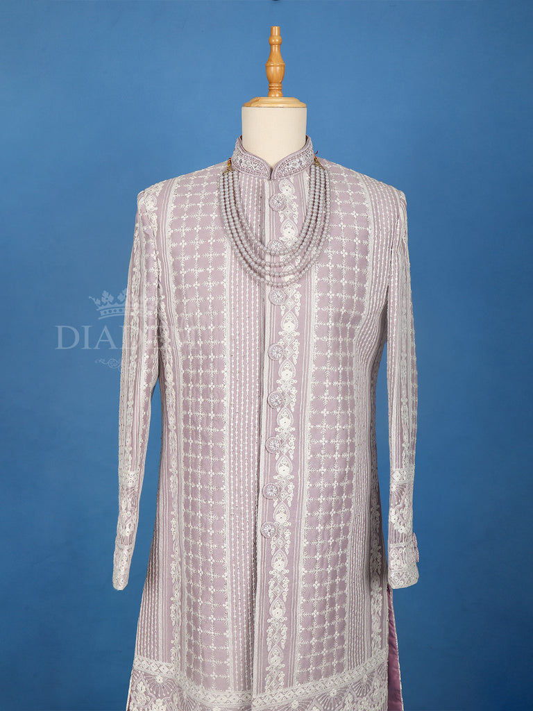 Floral Designed Lavender Cotton Sherwani