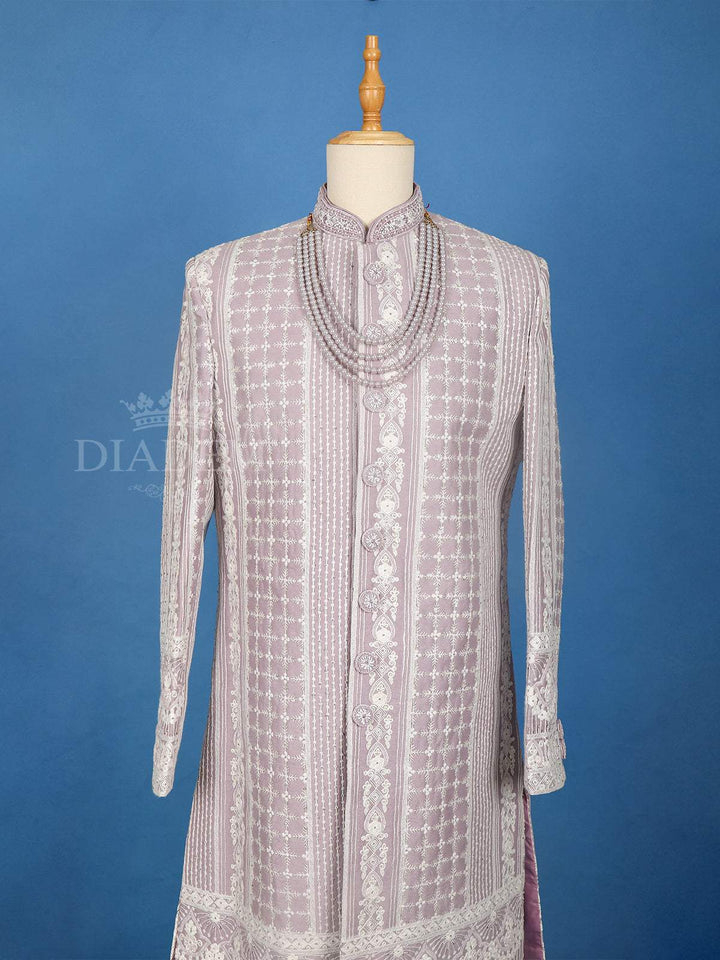 Lavender Cotton Floral Designed Sherwani Suit - Diadem