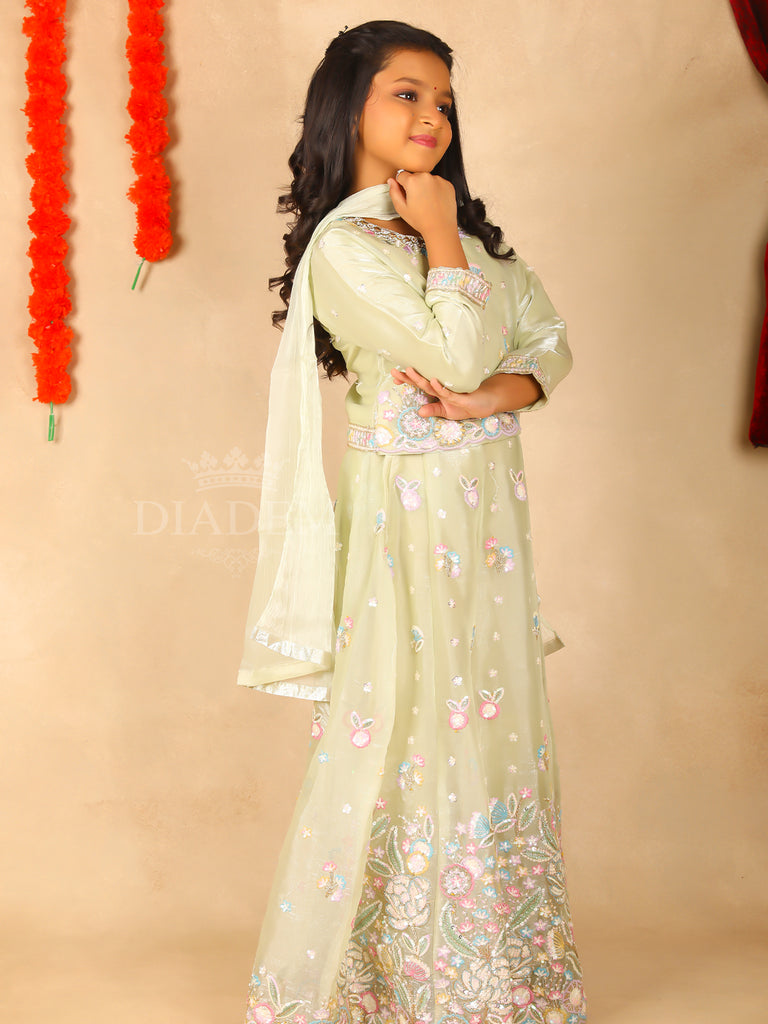 Elegant Pastel Green Floral Embroidered Lehenga