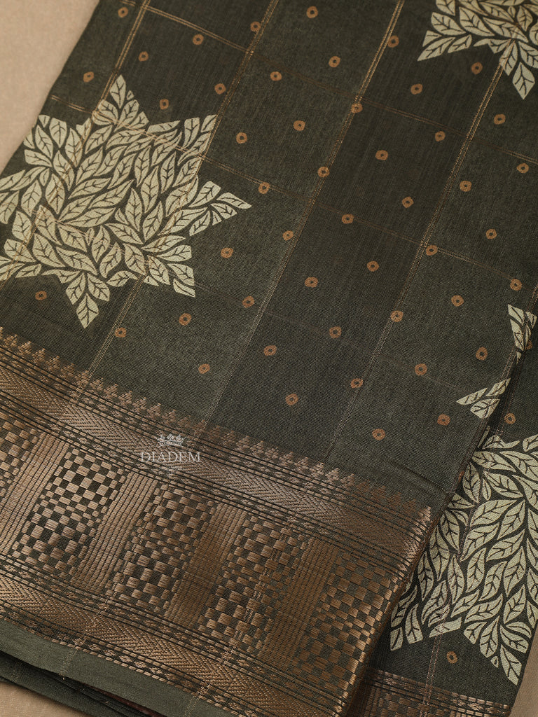 Floral Designed Olive Green Chanderi Silk