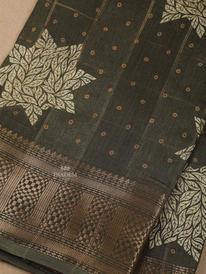 Olive Green Floral Designed Chanderi Silk Saree - Diadem