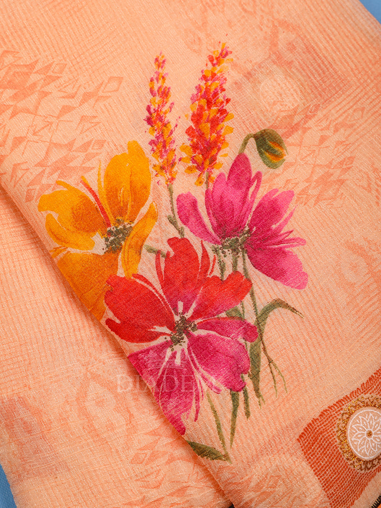 Floral Designed Peach Crepe Saree