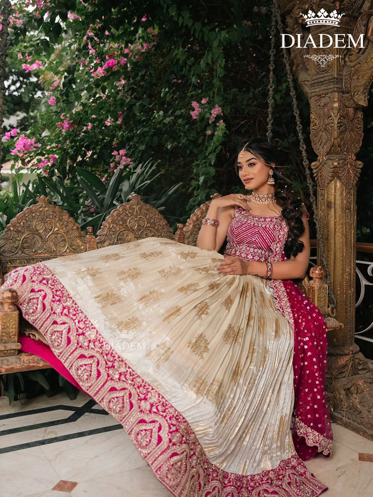 Floral Pattern Silk Lehenga in Pink