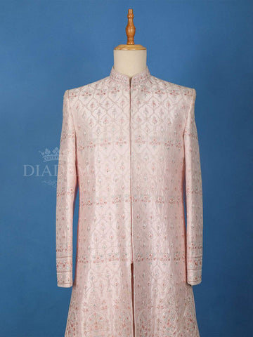 Pale Pink Raw Silk Floral Designed Sherwani Suit - Diadem