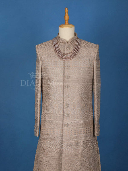 Pale Lilac Semi Silk Floral Designed Sherwani Suit - Diadem